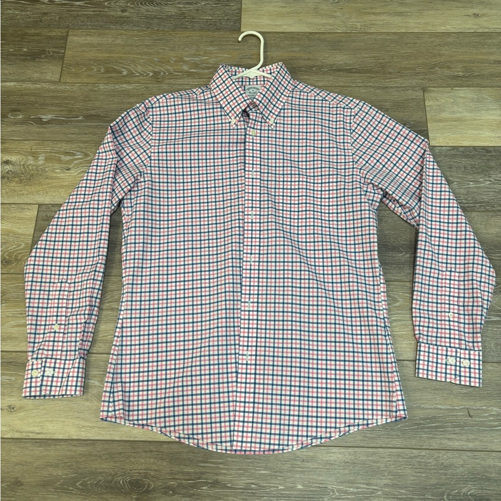Brooks Brothers Shirt Sz M 1818 Regent Fit Pink Blue Plaid Easter Spring Preppy